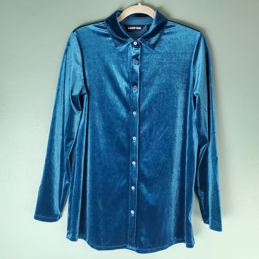 Lands End Womens Blue Velvet Button Down Long Sleeve Top Size Small 6 8
